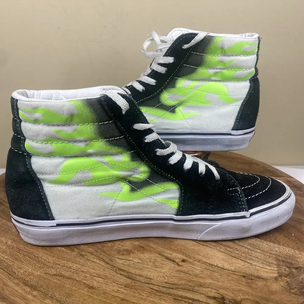 Vans Sk8 Hi Flame Black Mens White Green Flames Fire Size 9.5 High Top Shoes